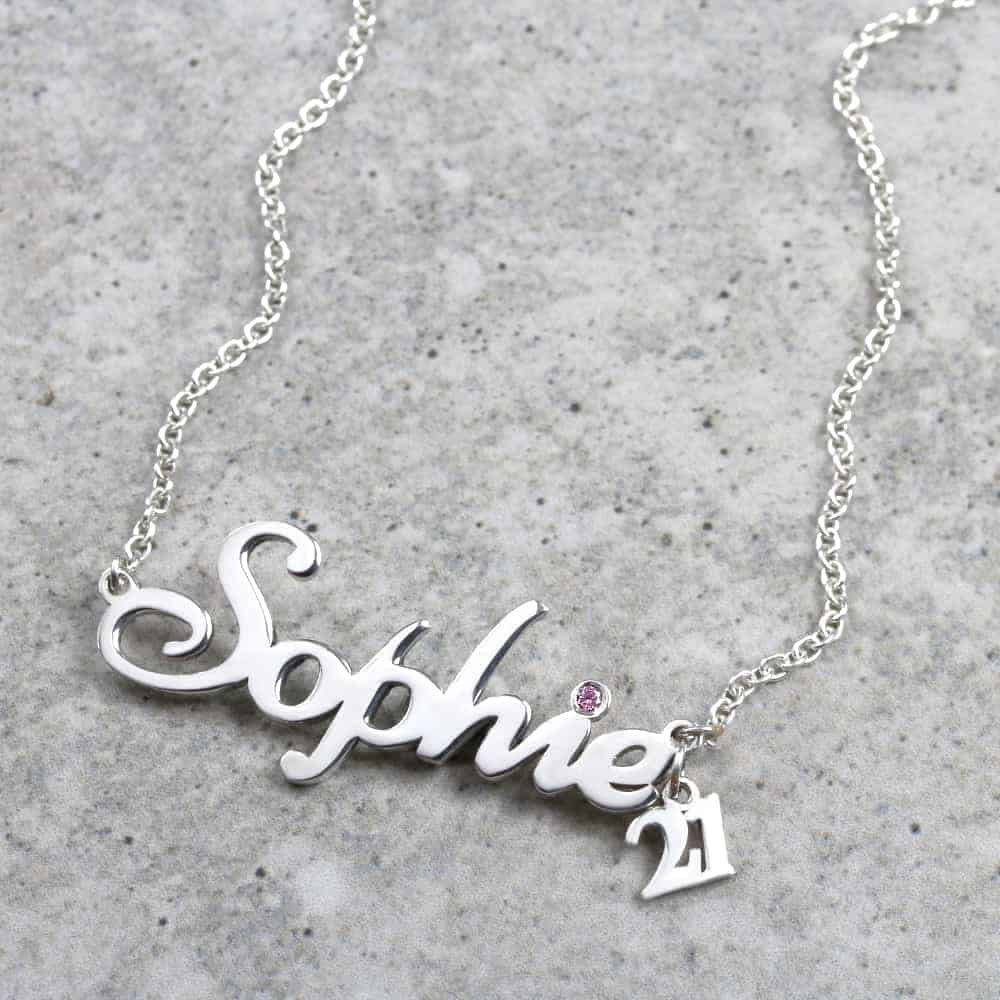 925 Sterling Silver Number & Birthstone Name Necklace