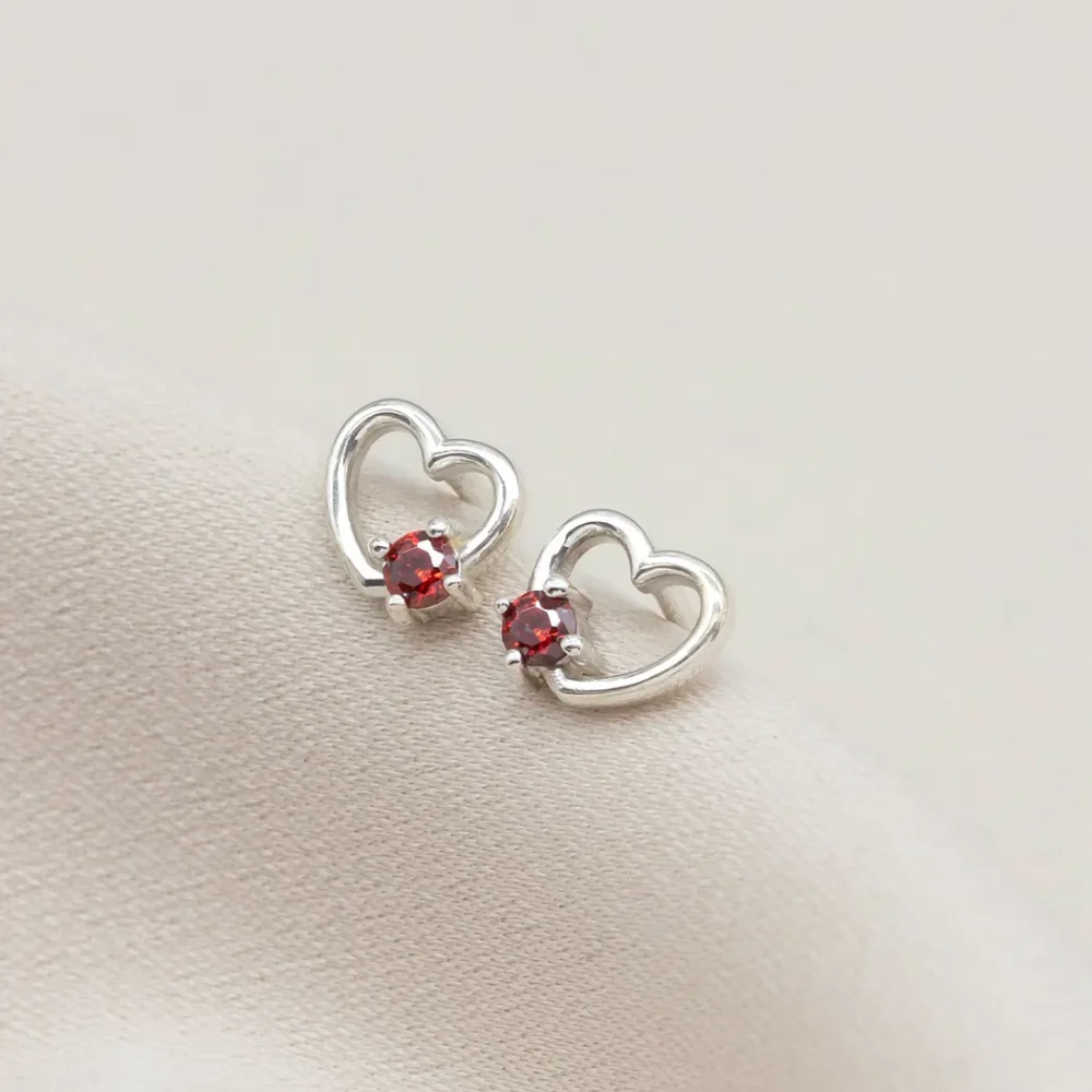 Dainty Open Heart Birthstone Stud Earrings