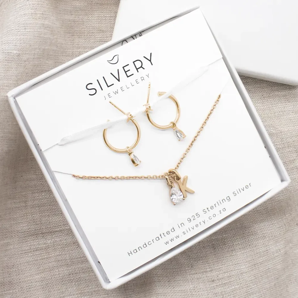 Initial Teardrop Birthstone Necklace & Teardrop Birthstone Huggie Hoop Earrings