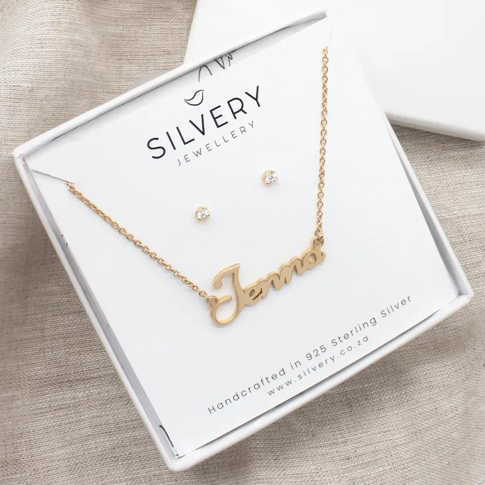 Name Necklace & Birthstone Stud Earrings