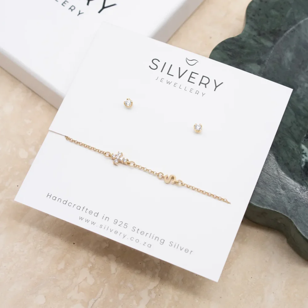 Dainty Initial and Cross Connector Bracelet & Birthstone Stud Earrings