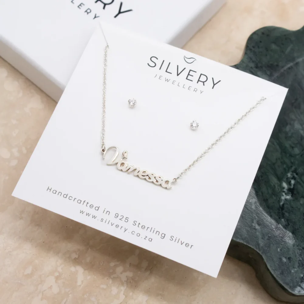 Dainty Name Necklace & Birthstone Stud Earrings