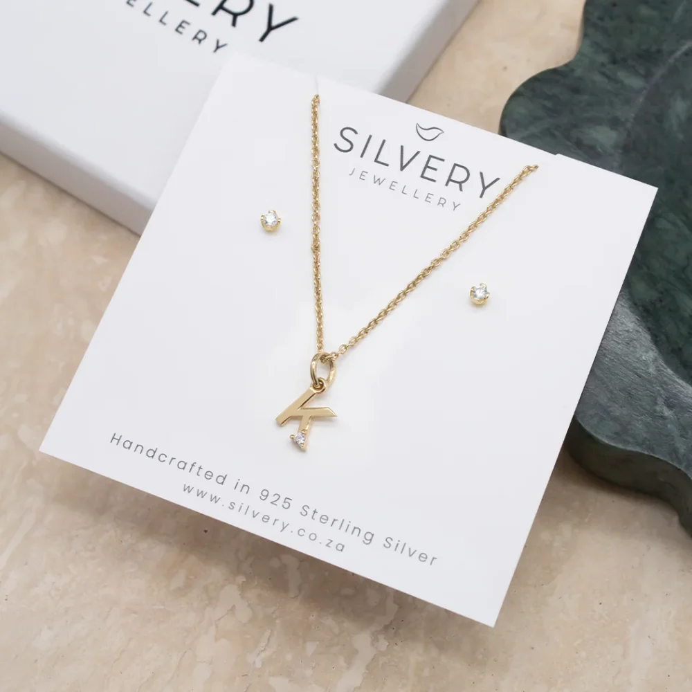 Dainty Initial Birthstone Necklace & Birthstone Stud Earrings