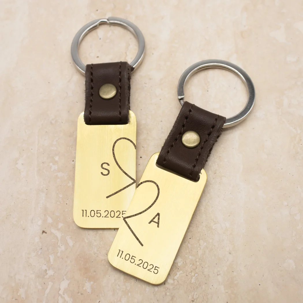 Personalised Connected Heart Key Ring Set - Brass