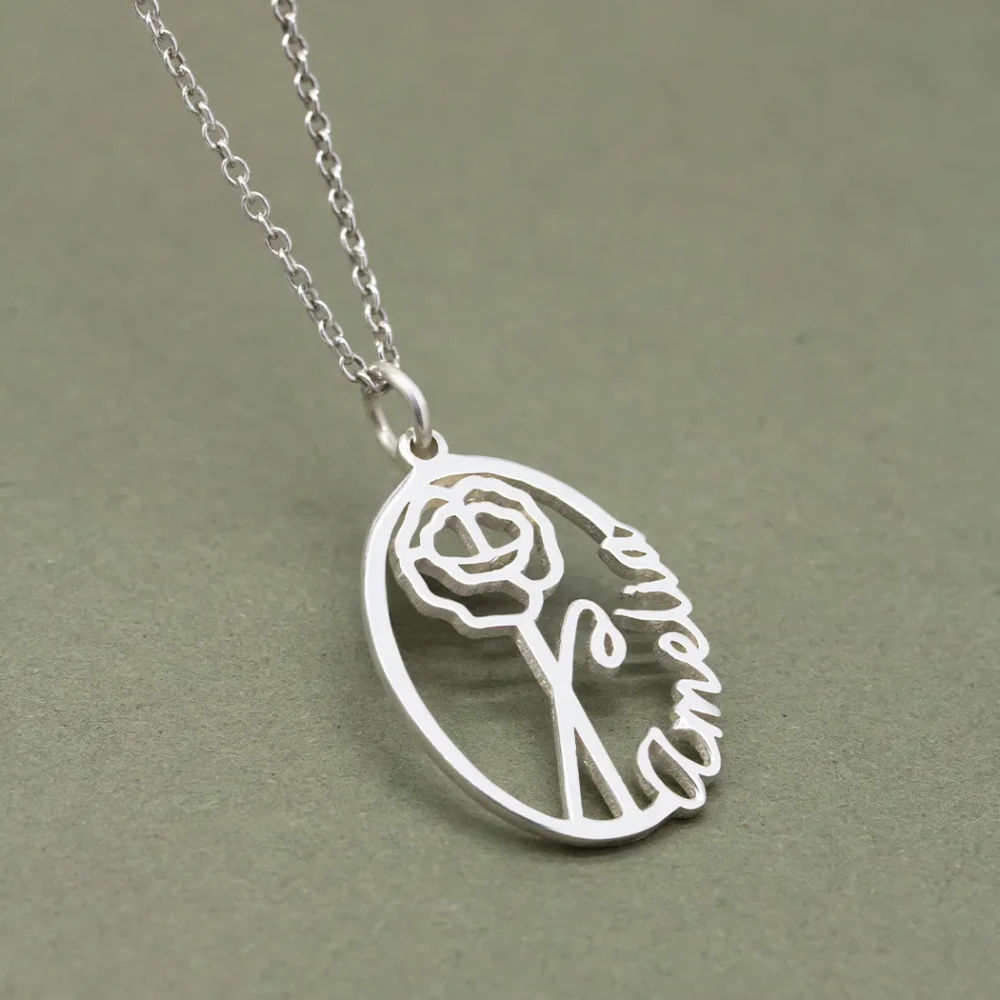 Oval Birth Month Flower & Name Necklace